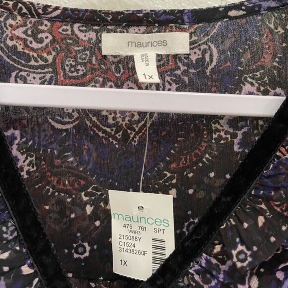 Maurices Dark Ruffle Semi Sheer Blouse Boho Western Feminine Puff Sleeve - Picture 4 of 7